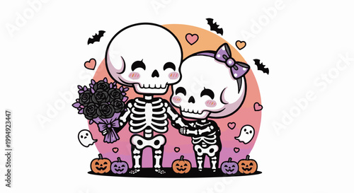 Two cute skeletons in a loving embrace, holding a bouquet of black roses amid Halloween elements