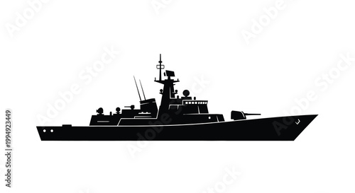 A stark black silhouette depicts a modern naval destroyer ship showcasing its complex structure and weaponry high quality