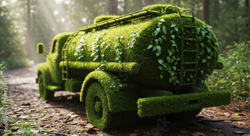 Green truck covered in plants travels on forest path. Eco friendly transport concept for logistics and delivery. Sustainable future for trucking industry.