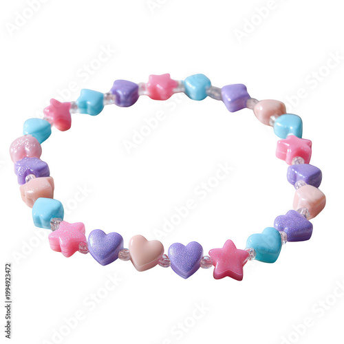 Colorful bead bracelet made of small, pastel-hued geometric shapes arranged in a circular pattern