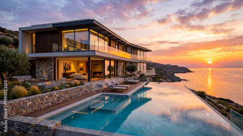 Sunset view of modern house with large pool by the ocean on a clear evening