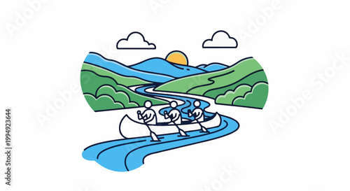 Three figures paddle a canoe down a winding river through green hills and blue mountains under a yellow sun