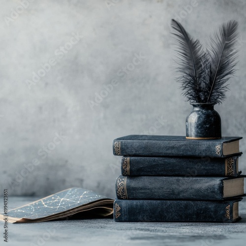 Stacked antique books beside an open celestial map and an inkwell of decorative feathers, evoking dark academia study, vintage research, and contemplative scholarly atmosphere