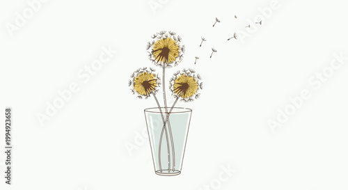 Three fluffy dandelions with seeds blowing away from a clear glass vase