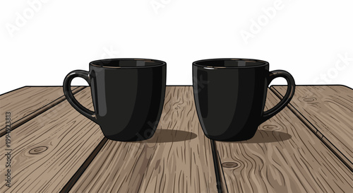 Two dark mugs filled with a beverage rest on a rustic wooden table