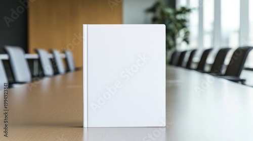 White book standing upright on meeting room table, highlighting professional document near blurred office chairs in contemporary workplace environment