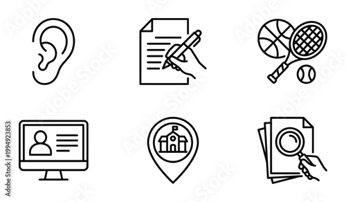 Set of activity and school icons including human ear writing hand sports equipment computer profile school pin search