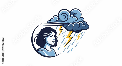 Stylized portrait of a woman looking towards a dark, stormy cloud with lightning and rain