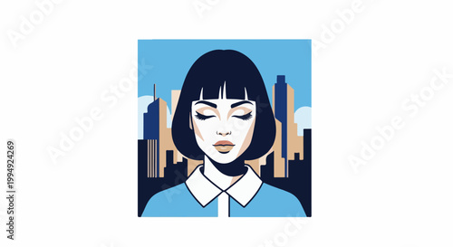 Stylized portrait of a woman with closed eyes and short dark hair, against a cityscape