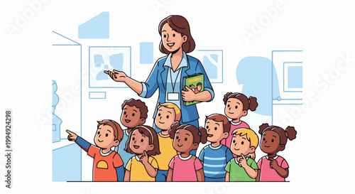 Teacher leading a diverse group of young students on a museum field trip