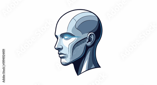 Stylized, robotic humanoid head in profile with blue glowing eye