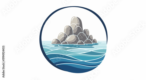 Stylized rock formation emerges from blue ocean waves within a circular frame
