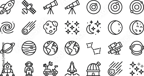 Space Exploration Icon Set with Outline Style Symbols of Rocket, Satellite, Telescope, Planets, Astronaut, Galaxy, Observatory, and Cosmic Elements