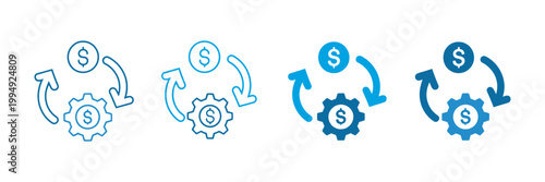Gear dollar coin circular arrows icon set, financial processing automated payment money flow economic cycle symbol vector illustration