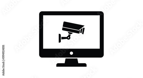 A simple black and white graphic depicts a computer monitor displaying a security camera icon high quality professional