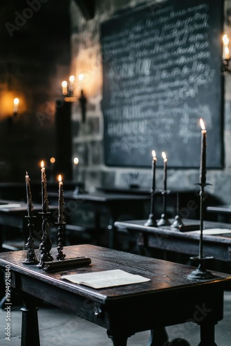 Medieval school classroom with burning candles illuminating dark wooden desks and an ancient chalkboard, evoking fantasy, magic, and mystery in a historical education setting
