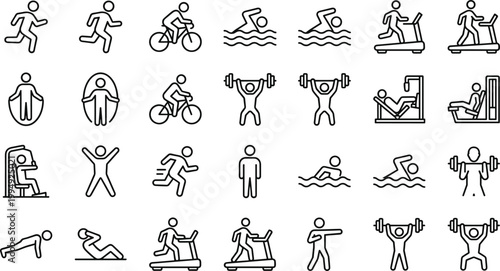 Fitness and Workout Icon Set with Outline Style Symbols of Running, Cycling, Swimming, Gym Equipment, Weightlifting, Cardio Machines, and Exercise Activities