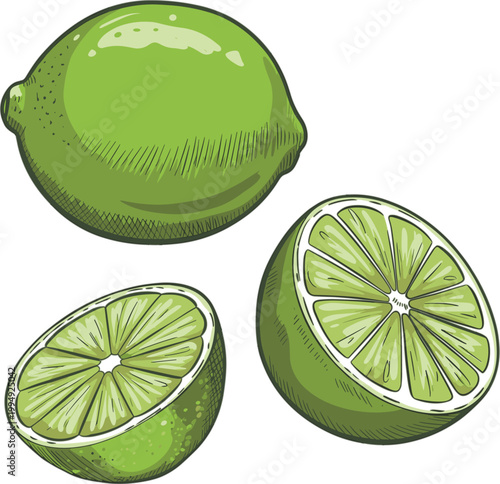Hand drawn lime fruit set, fresh citrus slices whole green lemon vector illustration