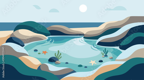 Minimal vector tidal pool with rocks and calm water reflections coastal nature scene