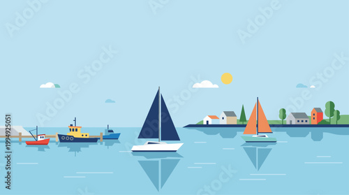flat vector harbor scene with sailboats and calm water reflections coastal landscape