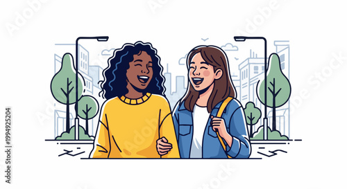 Two diverse women walk arm-in-arm through a city park, laughing