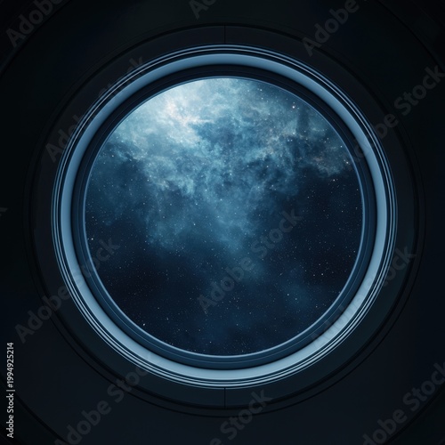 Spaceship porthole revealing a deep cosmic view of a blue nebula and stars, symbolizing exploration, discovery, futuristic travel, and the wonder of the universe