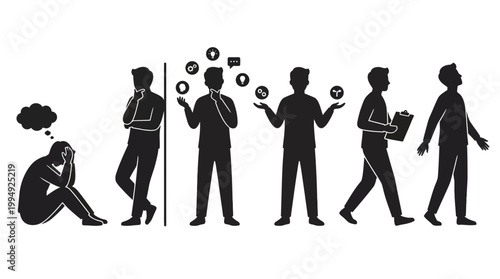 Collection of men silhouettes showing mental states, from sadness to problem solving.