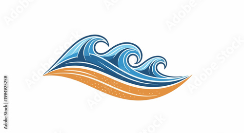 Stylized rolling ocean waves crash onto a sandy beach with a clean white background