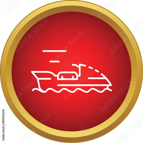 Personal watercraft speeding on water in a round red and gold emblem
