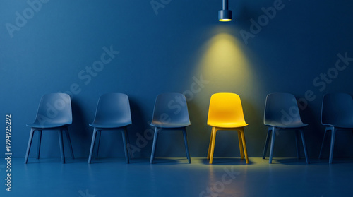 Yellow chair under spotlight among blue chairs symbolizing leadership and selection concept