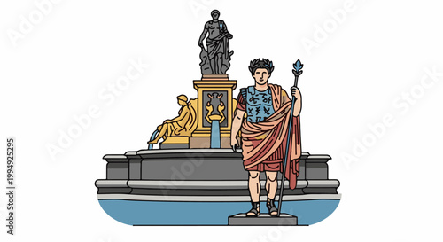 Stylized Roman emperor statue with laurel wreath, armor, toga, and scepter, beside a fountain