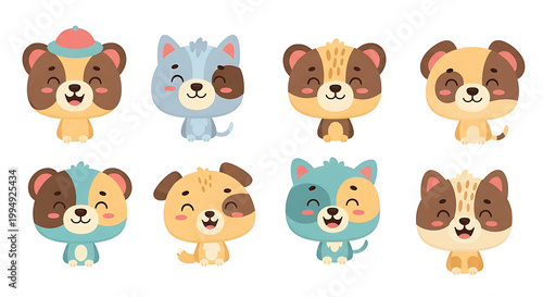 Cute cartoon animal characters bundle isolated on transparent background, colorful illustration set