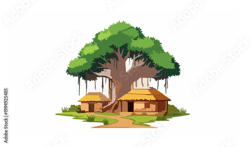 Indian village vector illustration with banyan tree and farmer house rural cartoon scene isolated on white