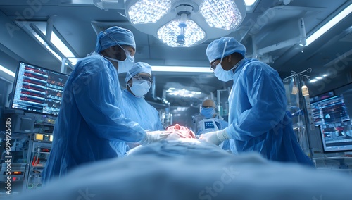 Medical Team Performing Complex Surgery in a Modern Operating Room with Advanced Equipment.