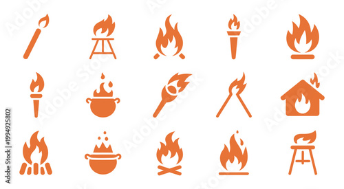 Fire flame icon set, burning flame elements including campfire torch symbols for heat energy concept vector illustration