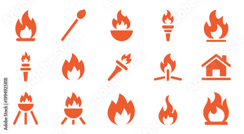 Fire flame symbol set, burning fire elements including campfire torch icons for heat energy concept vector illustration