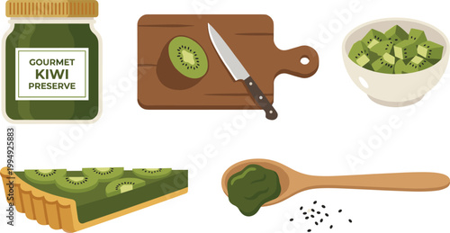 Kiwi Fruit Dessert and Preserve Vector Set with Jam Jar, Tart Pie, Sliced Kiwi on Cutting Board, Bowl, and Spoon with Seeds