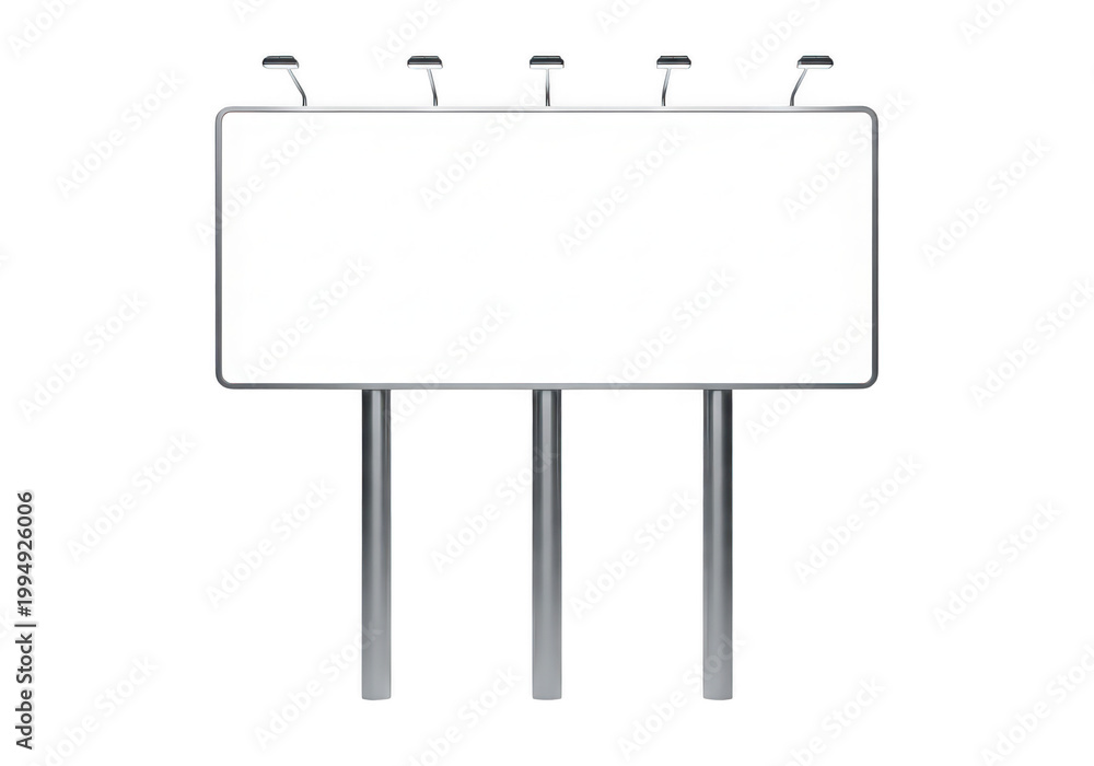 Obraz premium Large rectangular billboard structure with five overhead floodlights mounted on metal support posts PNG isolated on transparent