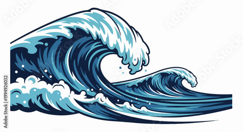 Stylized ocean waves with white foam and splashes, in shades of blue