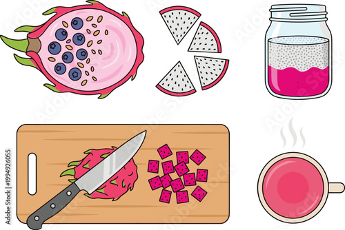 Dragon Fruit Food Preparation Vector Set with Whole Pitaya, Slices, Jam Jar, Cutting Board, Knife, Cubes, and Juice Cup Illustration