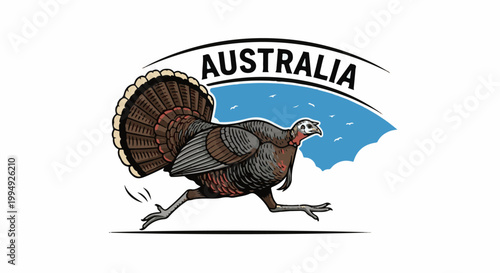 Stylized running turkey with 'AUSTRALIA' text above and birds in sky