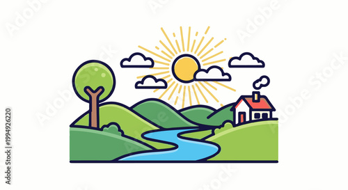 Stylized rural landscape with a house, tree, river, sun, and clouds