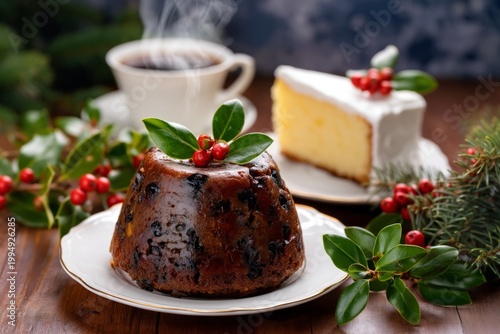 Holiday Dessert Display With Fruitcake and Cake in Warm Light Near Coffee Cup...