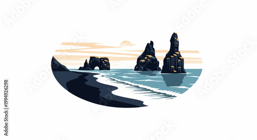 Stylized seascape with dark volcanic rocks jutting from ocean under hazy, orange-striped sky