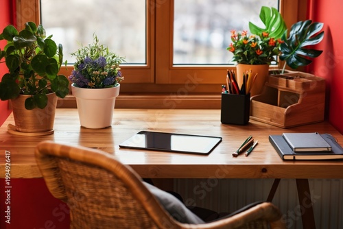 Modern Desk Setup With Plants and Stationery in a Bright Workspace Area