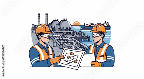 Two engineers review plans at an industrial port