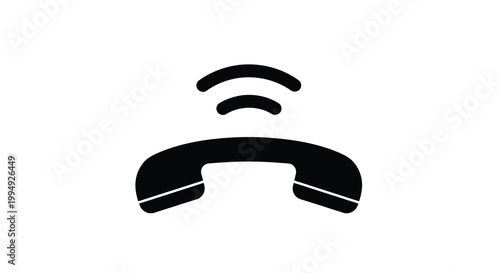 A simple black silhouette depicts a vintage telephone handset with radiating signal waves above it high quality professional