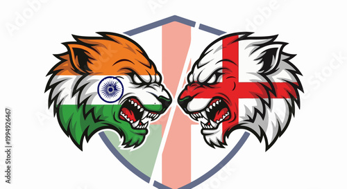 Two fierce animal heads, one representing India and the other England, face off