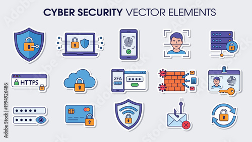 Cybersecurity flat icons and elements set. Data protection vector illustrations collection