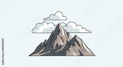 Two figures ascend a rocky mountain peak under a cloudy sky
